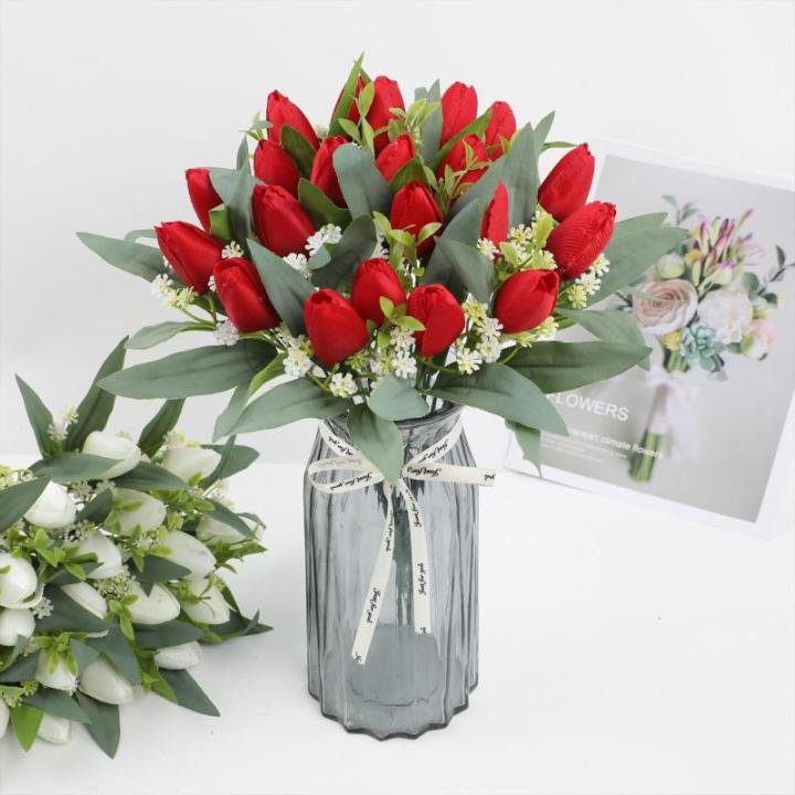 Künstliche Blumen 21 Stück Unechte Tulpe Gefälschte Blume Blumenstrauß Tulpen Real Touch für Home Party Hochzeitsstrauß Garten Dekoration 1803