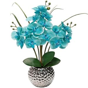 Kunstbloemen orchidee kunstplant Phalaenopsis bloemen decoratie hoogte 49 cm, stevig verankerd in keramische pot (lichtblauw)