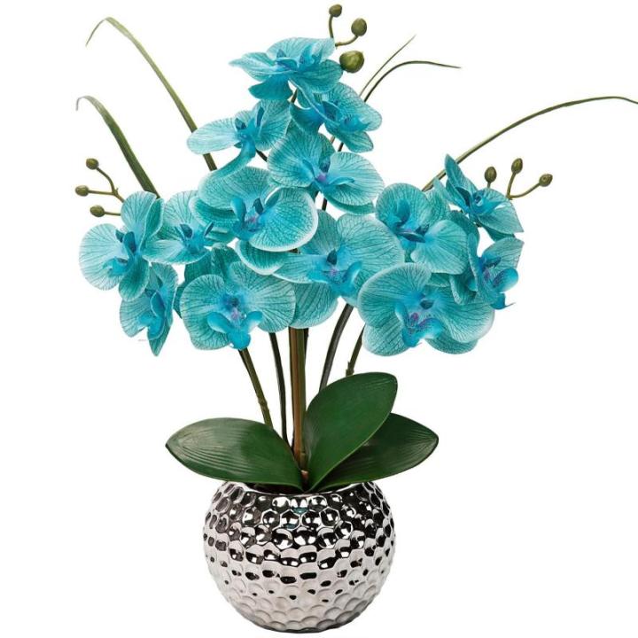 Kunstbloemen orchidee kunstplant Phalaenopsis bloemen decoratie hoogte 49 cm, stevig verankerd in keramische pot (lichtblauw)