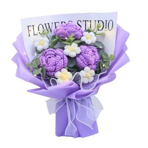 Gehäkelter Blumenstrauß mit Licht, Fertig Gestrickter Strauß, Kunstblume, Handgemachter Strickstrauß Zum Valentinstag, violett