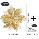 20 Stück Weihnachten Glitzer Weihnachtsstern Blumen mit Clips, Poinsettia Weihnachtsblume Glitzernde für Weihnachtsbaum Dekorationen (Gold)