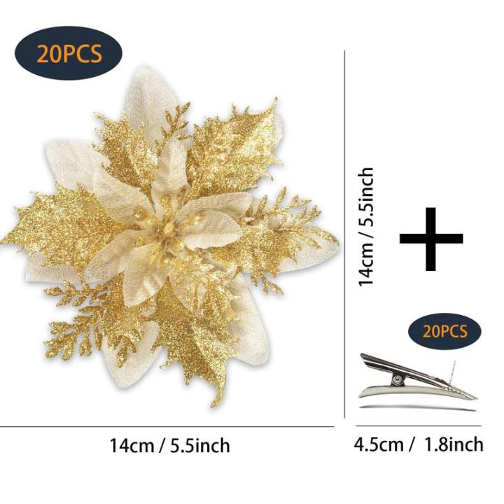 20 Stück Weihnachten Glitzer Weihnachtsstern Blumen mit Clips, Poinsettia Weihnachtsblume Glitzernde für Weihnachtsbaum Dekorationen (Gold)