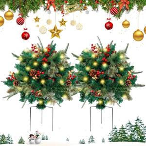 Verlichte kunstkersturnvulling, vakantiedecoraties voor buitenplanten, kerstversiering, kerstdecoratie, driepoot staking en ledverlichting, kunstplanter vulling (2 stuks)