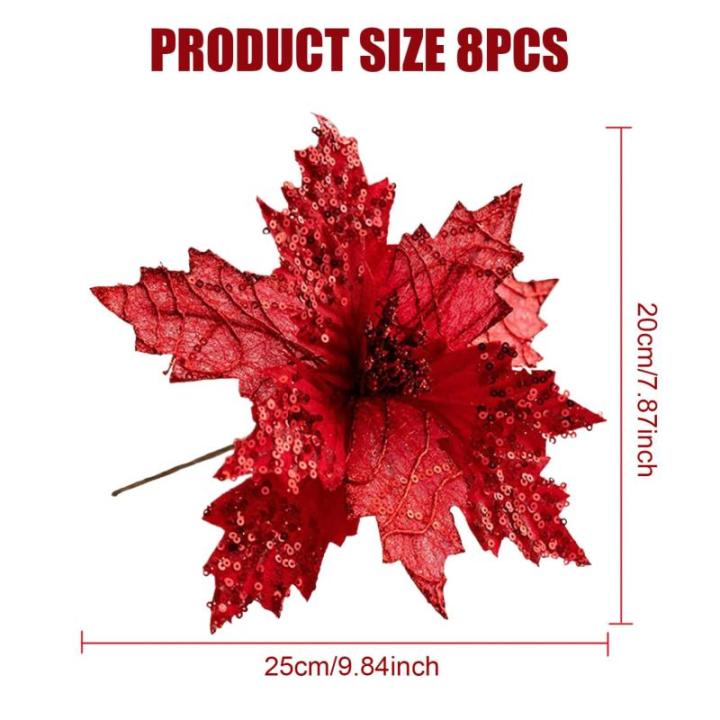 Poinsettia Blumen künstlich 8pcs 8x10in realistische Weihnachtsblumen mit Pailletten & Textur Stoff Poinsettias Künstliche Weihnachtsblumen, Rot, Poinsettias Künstliche Weihnach