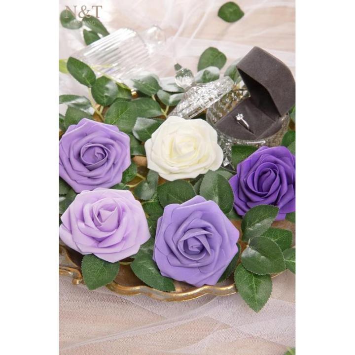 Kunstbloemen, 50 stuks, kunstschuim, rozen, paarse bloemen met stengels, lavendel, voor doe-het-zelf bruiloft, bruidsmeisje, bruidsboeket, middenstuk, feest, binnendecoratie (serie