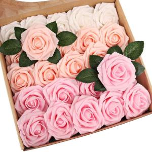 Kunstbloemen, rozen, 25 stuks, kunstrozen met steel, doe-het-zelf decoratie, voor bruiloft, boeketten, bruid, babyshower, feest, woondecoratie, serie roze