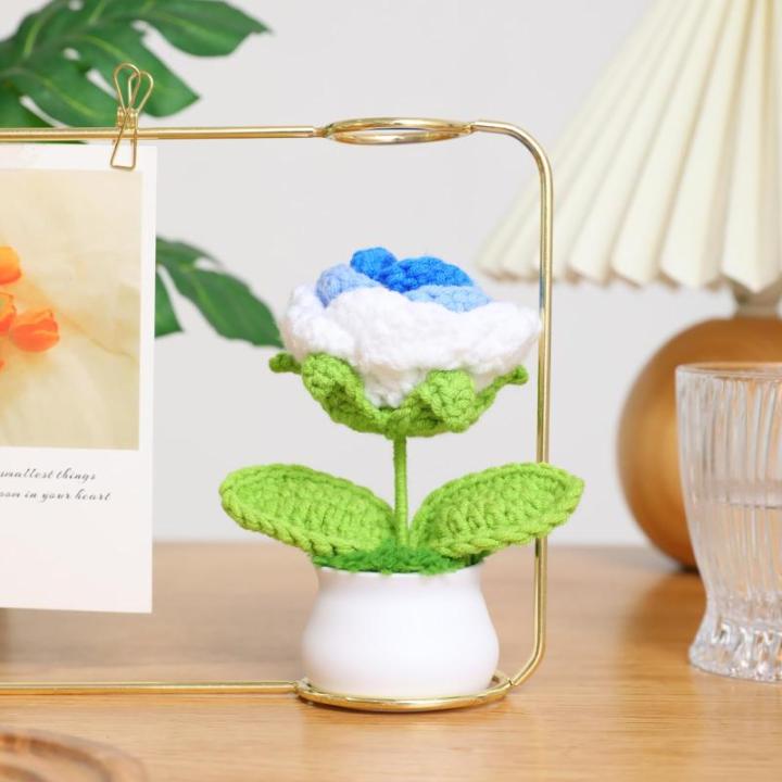 Kunstbloem roos gehaakte bloemen potplant, mini gebreide bloempot, kleine handgemaakte gehaakte bloem voor thuiskantoor tafeldecoratie, cadeau voor haar Valentijnsdag (1, wit blauw