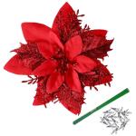 Kunstbloemen, Poinsettia, glitter, kerstbloemen met clips, boomversiering, ornamenten voor doe-het-zelf kransen, slinger, huis, feest, vakantie, decoratie, 15 stuks, 14 cm, rood