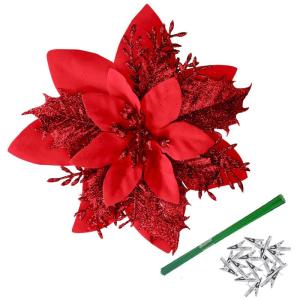 Kunstbloemen, Poinsettia, glitter, kerstbloemen met clips, boomversiering, ornamenten voor doe-het-zelf kransen, slinger, huis, feest, vakantie, decoratie, 15 stuks, 14 cm, rood