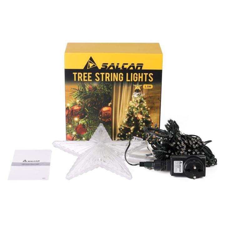 1,5 m kerstboom lichtketting met ring, 8 slingers en kerstboompiek ster, 210 LED kerstboomverlichting binnen met 8 modi, warm wit