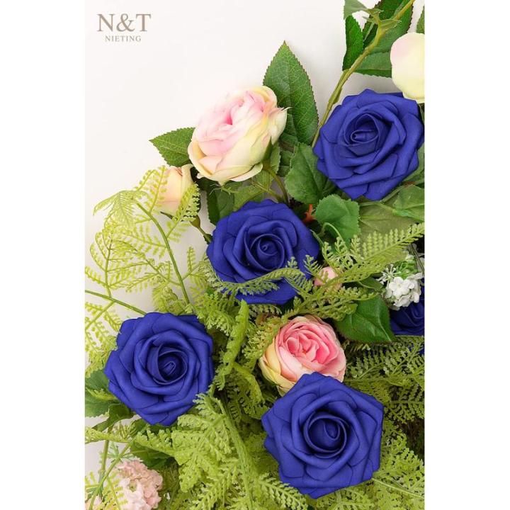 Kunstbloemen, rozen, 25 stuks, kunstrozen met steel, voor doe-het-zelf bruiloft, boeketten, bruid, babyshower, feest, woondecoratie, donkerblauw