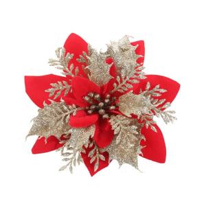 12 Stück Glitzernde Weihnachtssterne 14 cm Poinsettia Weihnachtsblumen für Festliche Baumdekorationen und Weihnachtsfeiern (Goldrot)