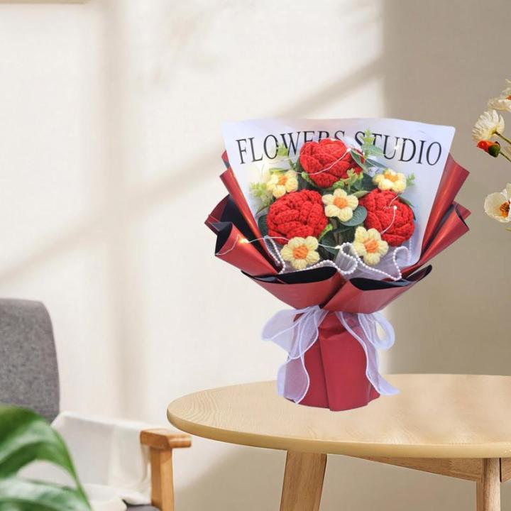 Gehäkelter Blumenstrauß mit Licht, Fertig Gestrickter Strauß, Kunstblume, Handgemachter Strickstrauß Zum Valentinstag, Rot