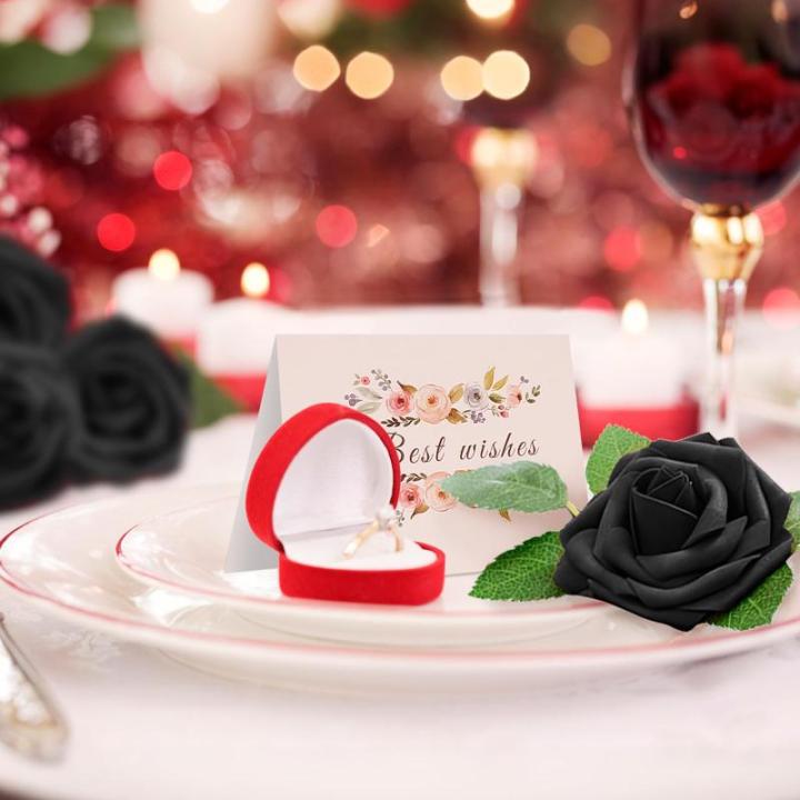Kunstbloemen, zwarte rozen, 30 stuks, 8 cm, boeket, kunstdecoratie, bloemen, kunstrozen met stelen en kaart voor Valentijnsdag, tuin, verjaardag, feest, doe-het-zelf bruiloftsdecor