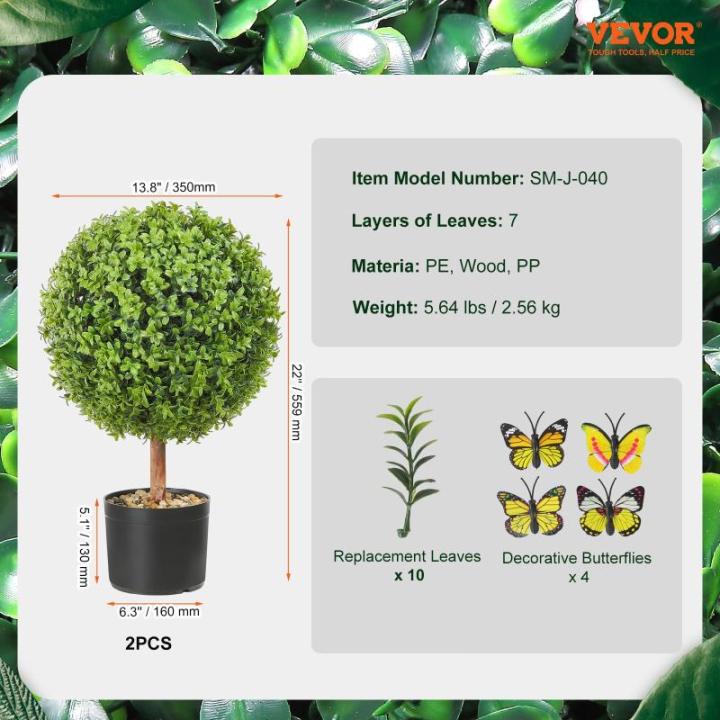 2 x buxusballen, kunstzinnig, Ø 40,6 cm, tuindecoratie, buxus in bloempot, bol, kunstplant van PE, hout, PP incl. 4 stuks decoratieve vlinders en 10 stuks reservebladen
