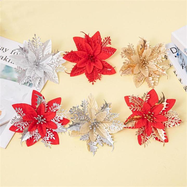 Kerstbloem, kerstster, glitter kerstbloemen, kerstster, kerstboom, bloemen, decoratie, kunstmatige kerstbloemen, kerstster, bloemen (rood, 15 stuks)