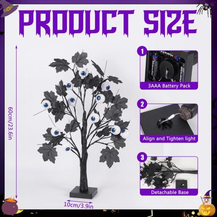 Halloween Dekor Innen Schwarz Ahornblatt Baum Lichter mit 24 LEDs,Halloween Deko Gruselig Lichterbaum mit LED Spinnenlicht,Birkenbaum mit Timer für Halloween Decoration Tischlicht
