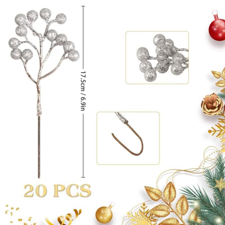 20 Pack 18cm Künstliche Silber Beeren für Weihnachtsbaum Deko Stechpalmenbeeren Zweige Dekorationen für Weihnachten Zuhause Holly Beeren für Handwerk Winter Urlaub Hochzeit Dek