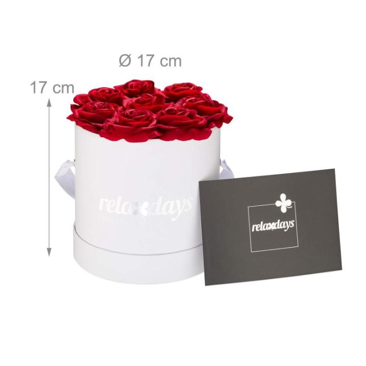 Rozenbox rond, 8 rozen, stabiele bloemenbox, wit, 10 jaar houdbaar, cadeau-idee, decoratieve bloemenbox, rood, 17 x 17 x 17 cm