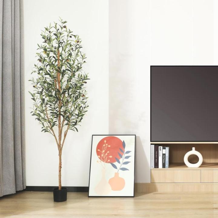 Kunstmatige olijfboom, 180 cm, grote kunstplant met natuurlijke houten stam en vruchten, kunstmatige olijfboom in pot, voor huis, slaapkamer, kantoor, tuin, decoratie (1 stuks)