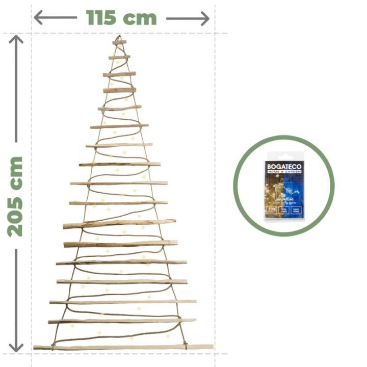 Handgemaakte kerstboom 205 cm hoog, van hazelnoothout, decoratieve hanger, met 10 m ledverlichting, houten platen verbonden met een jute touw met een dikte van 6 mm