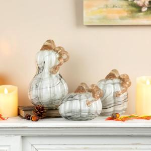 3 Stück Mini-Glas-Kürbisse, handgefertigte Glas-Kürbis-Tischplatte, Heimdekoration, Sammlerstück, Skulptur für Herbstdekoration, graue Marmorfarbe