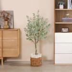 Kunstmatige eucalyptusboom 1,2 m hoge nep zilveren dollar bladeren eucalyptusplanten kunstzijde eucalyptus stengels, komen met geweven zeegras buikmand kunstplant voor huisdecorati