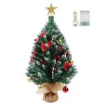 Mini kerstboom van 60 cm met 50 led-lichtslingers, doe-het-zelf kunstkerstboom met ster en rode strikken, dennenappels en rode bessen, decoratie voor Kerstmis, thuis, keuken, eetta