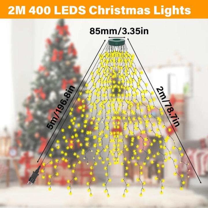 Lichtsnoer voor kerstboom, 16 strengen, 2 m, 400 leds, kerstboomverlichting met ring, lichtketting, IP44 waterdicht, timer, 8 modi, kerstboomverlichting voor kerstdecoratie buiten 