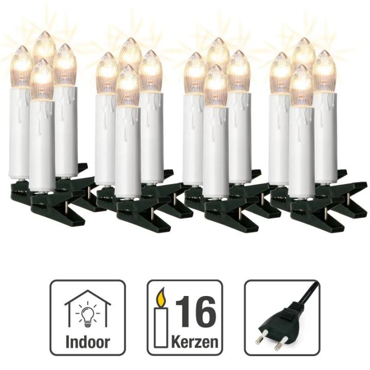 Lichtsnoer kerstboom, 16 kerstkaarsen elk 20 lumen, 6 m verlicht, mini-lichtketting voor binnen met stekker, kaarslichtsnoer, groene kerstboomkaarsen, wit, 611618