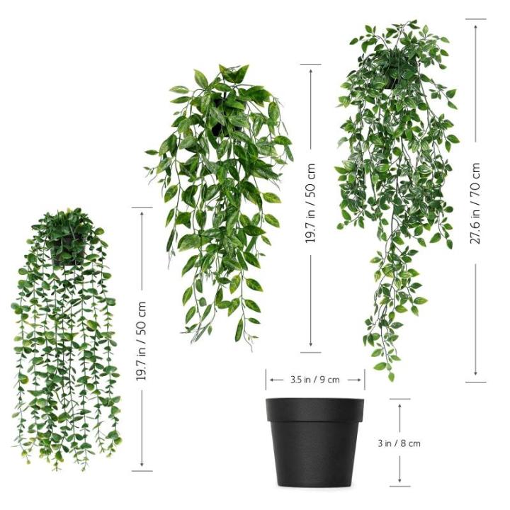 3 stuks kunsthangplanten, eucalyptus, bladeren met potten, 63 cm lang, onderhoudsvrije , wijnstok voor tuin, binnen en buiten (eucalyptus)