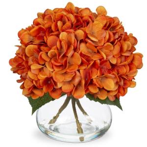 Kunsthortensia bloemen in vaas, echte touch nep hortensia bloem in glazen vaas met faux water zijde oranje faux bloemstuk voor thuis badkamer bruiloft decoratie