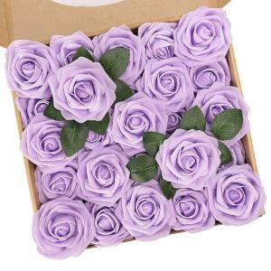 Kunstbloemen, 25 stuks echte rozenblaadjes met steel voor doe-het-zelf bruiloftsboeketten, bruidsfeeststukken, bloemstukken, feesttafels, woondecoraties, lichtpaars