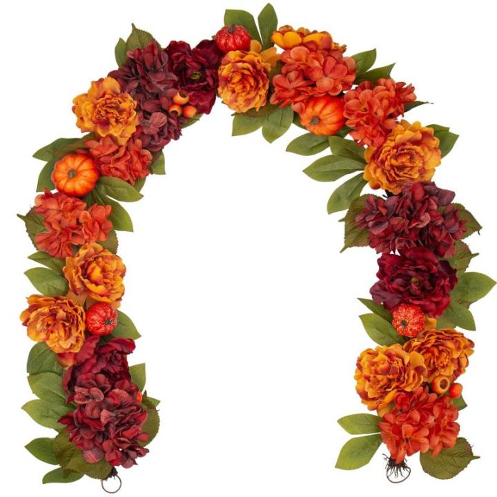 Kunstmatige herfstslinger met pioenroos, hortensia en herfst, pompoen, kunstbloemenkrans, decoratie voor tuin, bruiloft, open haard, feest, oogstfeest, herfstdecoratie