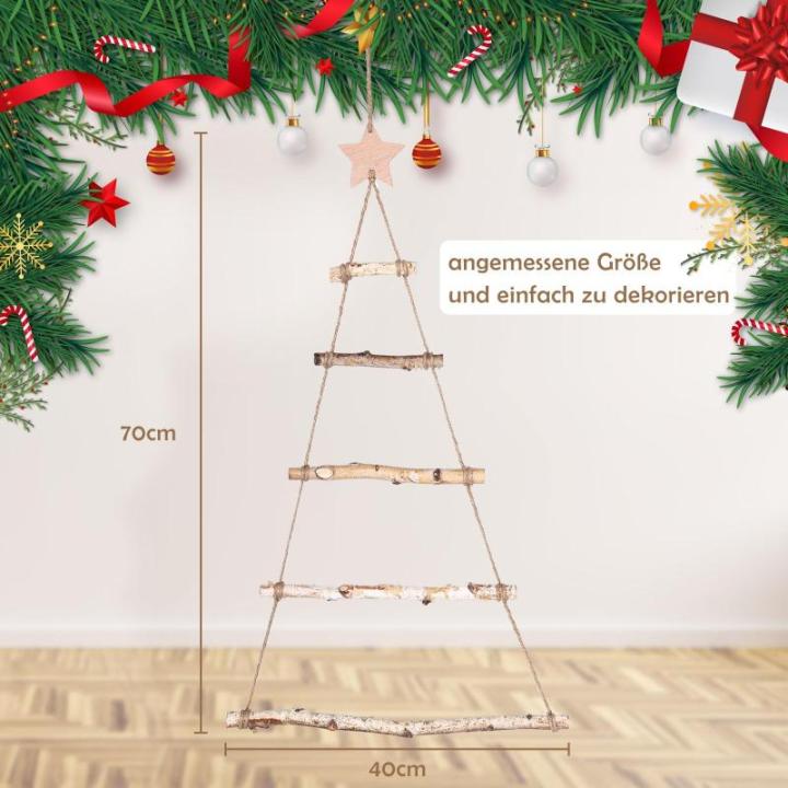 Houten ladder, dennenboom, wanddecoratie, hout, kerstboom, kerstdecoratie, wanddecoratie, hangdecoratie, om te decoreren, gebreide ladder, siersieraden om op te hangen, 40 x 70 cm 