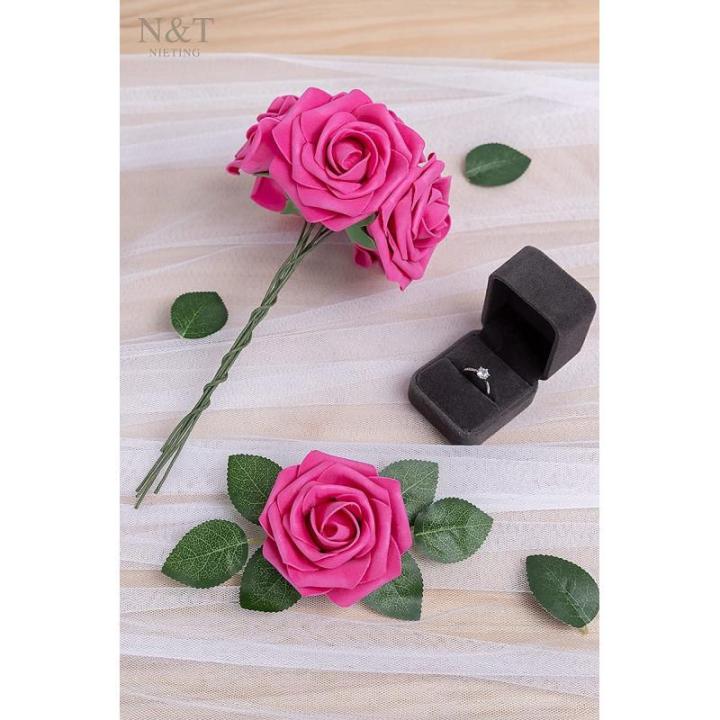 Kunstbloemen, rozen, 25 stuks, kunstrozen met steel, voor doe-het-zelf bruiloft, boeketten, bruid, woondecoratie, hot pink