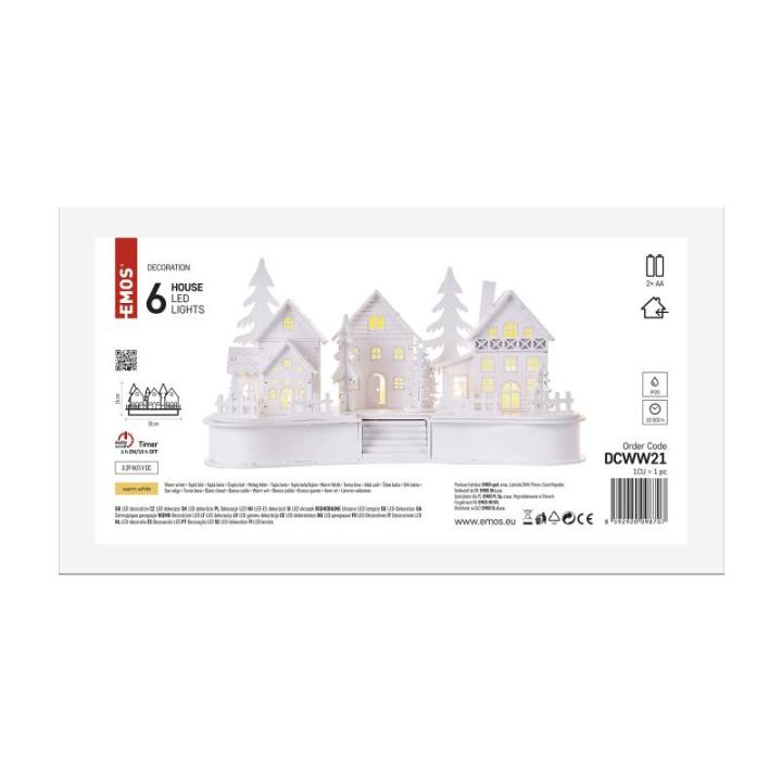 DCWW21 Lichtgevend kerstdorp van hout, 6 leds, warm wit licht, kerstdecoratie, winterdorp op batterijen (2 x AA), IP20 binnen, 6/18 uur timerfunctie, levensduur 10.000 uur