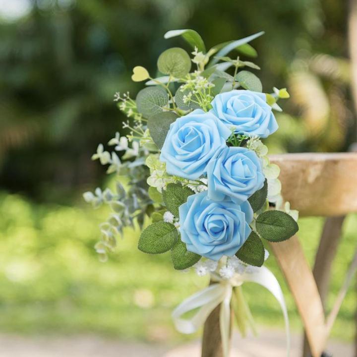 Kunstbloemen, rozen, 25 stuks, Real Touch, kunstrozen met stammen, doe-het-zelf voor bruiloft, bruidsboeketten, Valentijnsdag, Moederdag, babyshower, woondecoratie (lichtblauw)