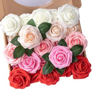 Kunstbloemen, rozen, 25 stuks, kunstrozen met steel, voor doe-het-zelf bruiloft, boeketten, bruid, woondecoratie, gemengd rood