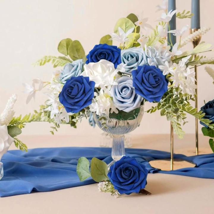 Kunstbloemen, rozen, 25 stuks, kunstrozen met steel, voor doe-het-zelf bruiloft, boeketten, bruid, babyshower, feest, woondecoratie, donkerblauw