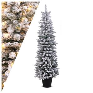 Schlanker Künstlicher Weihnachtsbaum 180cm, Beleuchteter Beflockter Weihnachtsbaum mit 140 LED-Lichtern & beflocktem Schnee, Tannenbaum mit Zementbasis, für Innen- & Außenbereic