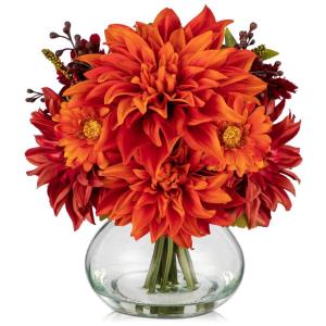 Dalia Kunstbloemen als echt in ovale glazen vaas met kunstwater, decoratieve bloemen, chrysant bloemstuk voor thuis, woonkamer, badkamer, herfst, decoratie