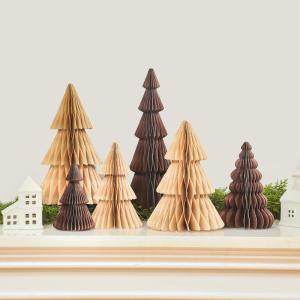 Papier-Weihnachtsbaumdekoration, 3D-Wabenbäume, Tischaufsatz für moderne Weihnachts-Kamindekorationen, Zuhause, Weihnachten, Urlaub, Party-Dekorationen (weiß, braun), 6 Stück