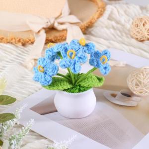 Kunstbloem, gehaakte bloemen, potplant, mini gebreide bloempot, kleine handgemaakte gehaakte bloem voor thuiskantoor tafeldecoratie, cadeau voor haar Valentijnsdag (1, blauwe bloem