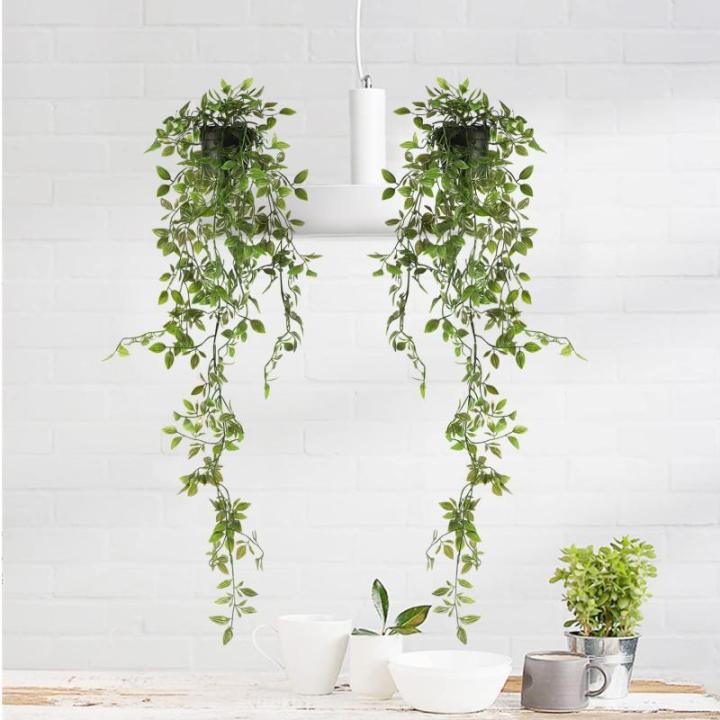 Set van 2 kunstmatige potplanten hangende wijnstokken groene hangende in potten faux hangende planten binnenshuis kamerplanten opknoping voor plank woonkamer badkamer keuken muur