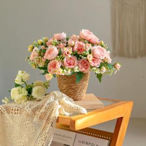 4 trossen pioenrozen voor decoratie kunstrozen nepboeket echte touch zijden bloemen voor vaas bruiloft woondecoratie (beige)