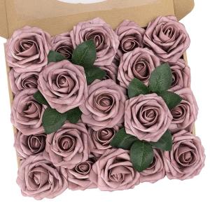Kunstbloemen, rozen, 25 stuks kunstrozen met stelen voor Valentijnsdag, bruidsfeesttafels, boeketten, bruid, woondecoratie, stofroze paars