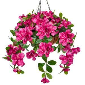 Kunstblumen Wie Echt Hängegeranie Hängende Pflanzen Künstliche Blumen Rhododendron mit Hängeampel, Höhe 70 cm, Zimmerpflanze Busch Dekopflanze Grünpflanze