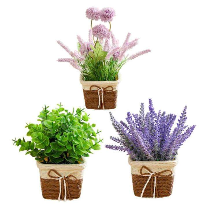 Künstliche Blumen in Töpfen 2pcs Kleine realistische künstliche Lavendel rustikale Kunststoffpflanzen mit Weaven -Topf gefälschten Bonsai -Pflanzen Hochzeit Party Tisch Dekorat