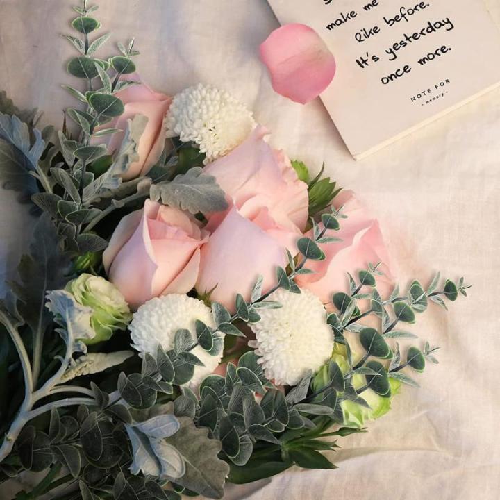 24 stuks eucalyptus kunstmatige, donkergroene kunstmatige eucalyptusplant, bladeren, decoratie, zilveren dollar voor bruiloftsfeesten, feesten, thuis, tafeldecoratie, bloemenarrang